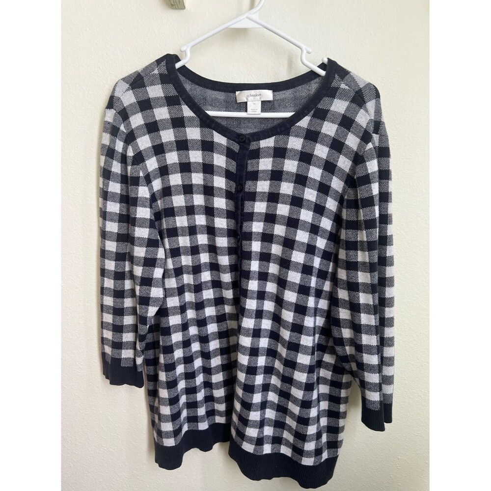 CJ Banks Navy and White Gingham Button Cardigan
